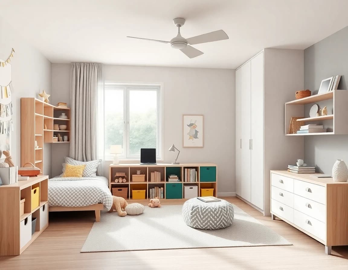 AI Kids Room Design inspiration with soft colors, playful storage, and a cozy family bedroom
