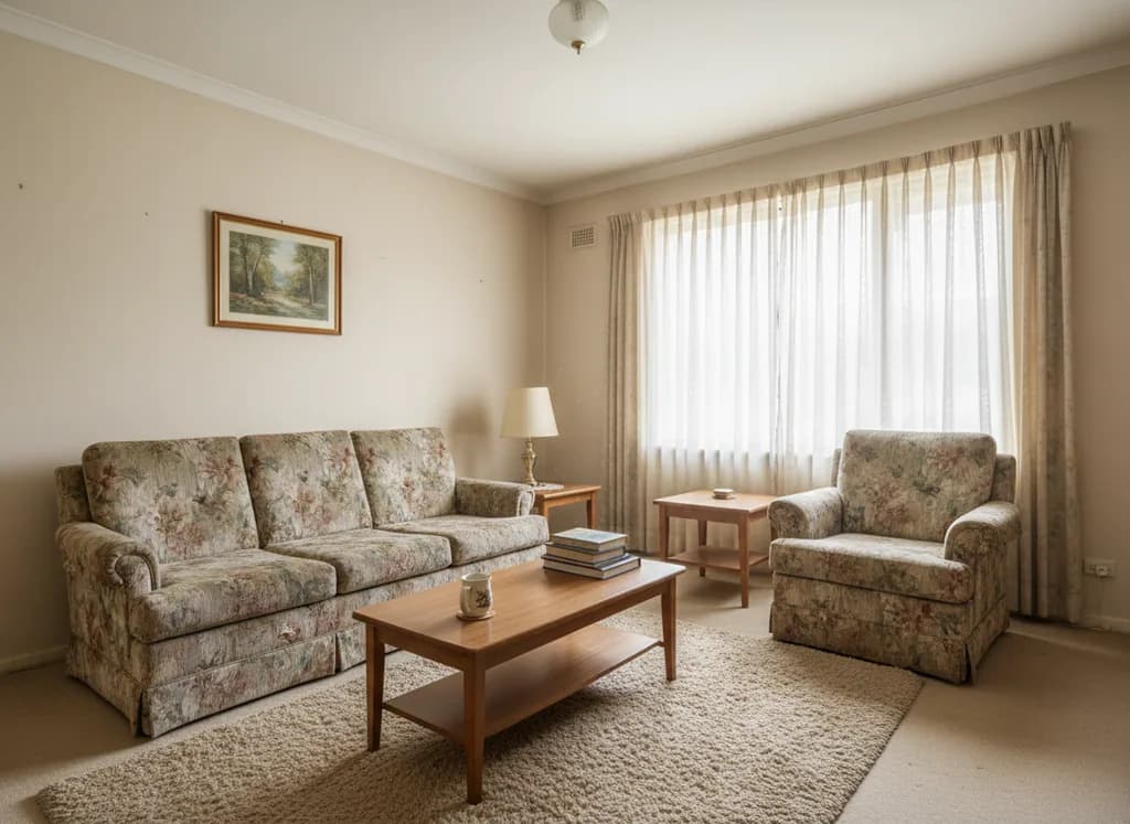 Before photo showing a plain living room before using AI Interior Design